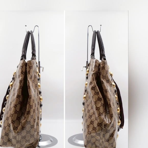 CE16 💖 GUCCI GG Crystal Canvas Babouska Heart Stud Fringe Tote Bag - Picture 6 of 13